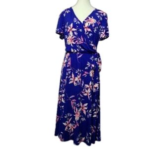 Eliza J floral faux wrap tie waist short sleeve dress, sz L